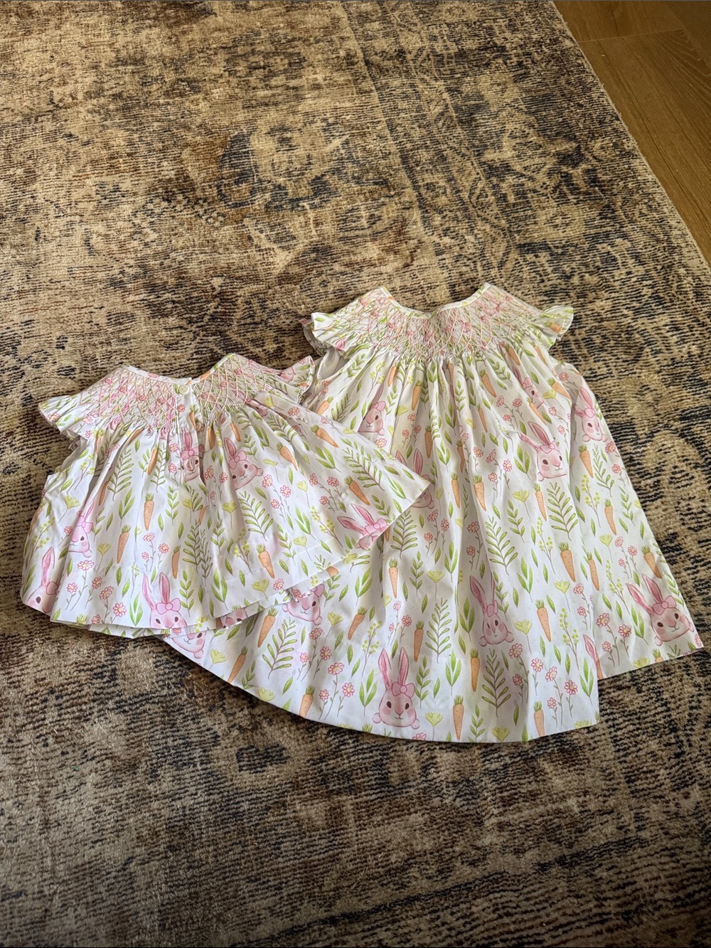 Smocked White Dress with Pink Bunny & Green Carrot Print for Girls